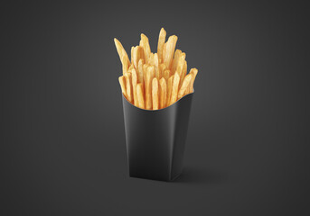 Blank black paper pack with french fries mockup, dark background