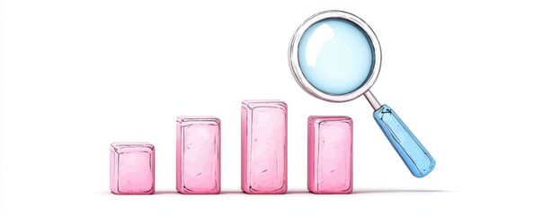 Naklejka premium Blue and White 3D Icon Bar Chart with Magnifying Glass for Data Inspection and Financial Analysis