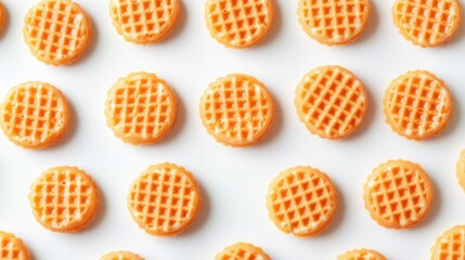 Pattern of golden waffles on white background creates simple graphic design