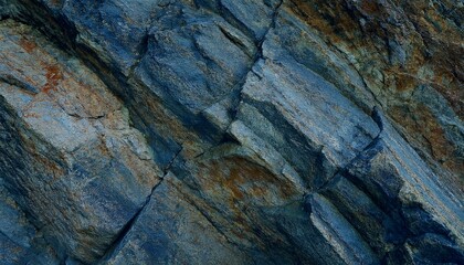 Gray blue brown rock texture. Rough mountain surface with cracks. Close-up. Dark stone background with space for design. Web banner. Wide. Panoramic. Backdrop.