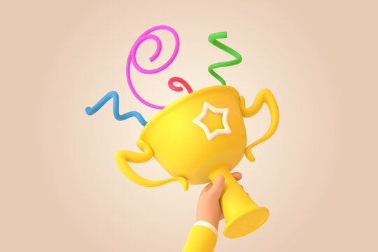 3d trophy in hand. Winner holding gold cup, success performance sport competition award ceremony business leader soccer champion victory reward prize, garish vector illustration