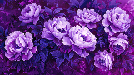 Vibrant purple peonies in full bloom with lush greenery