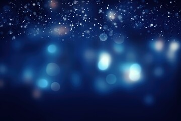 Abstract blue background with falling snow and bokeh lights creating a festive atmosphere