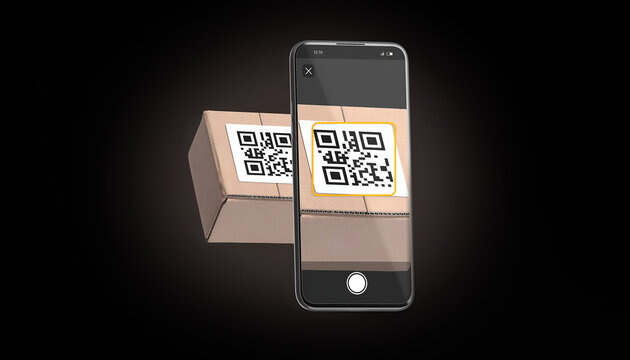 Phone qr code scanning on box delivering, black background