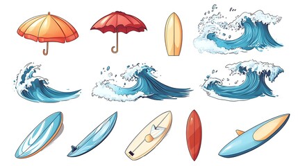 Beach-themed icons collection in filled and outline styles, including umbrellas, waves, and surfboards.