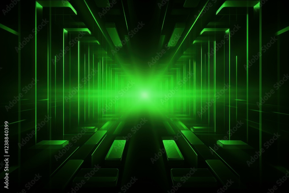 Wall mural green light beam traveling through digital corridor with rectangular shapes, creating futuristic and