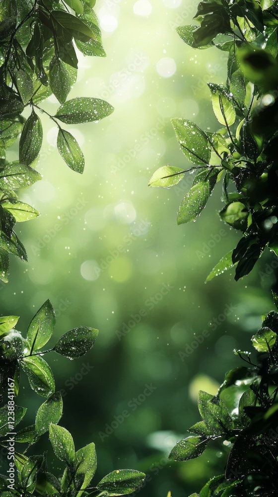 Poster sunlight dances through lush green leaves, highlighting the delicate dew that adorns them. the seren