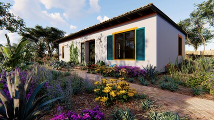 Mediterranean Style House Exterior Lush Garden Brick Pathway Colorful Landscaping