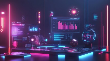 Business analytics, futuristic AI-powered dashboard, 3D illustration.