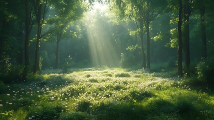 Fototapeta premium Sunbeams illuminate misty forest clearing, wildflowers, nature serenity