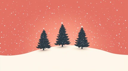Three snowy christmas trees on a red winter background with falling snow