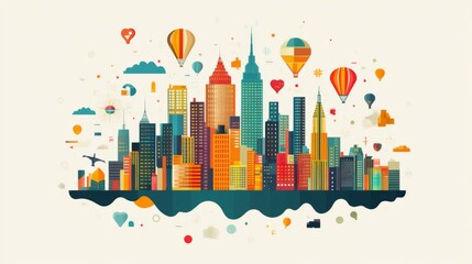 Colorful City Skyline Illustration with Hot Air Balloons