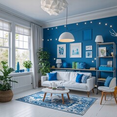 Fototapeta premium Hobby room area white and blue on plain white background