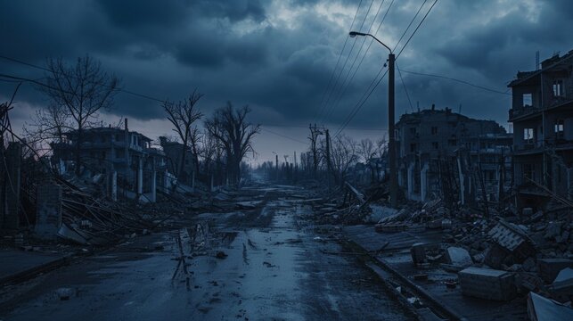 Desolation in a war torn ukrainian city  ruined buildings, shattered roads, and abandoned homes