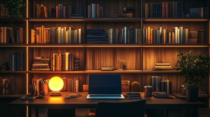 Cozy Home Office with Bookshelves and Warm Lighting at Night