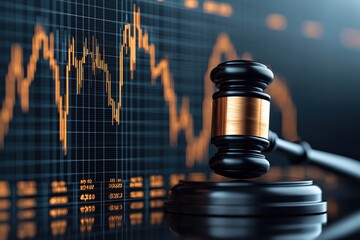 Conceptual image displaying a gavel overlaid with a split background featuring a courthouse and a market graph symbolizing the intersection of legal proceedings financial markets