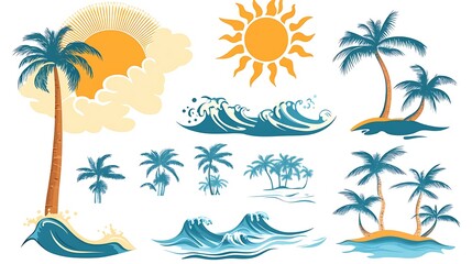 Obraz premium Collection of tropical island vector icons with sun, waves, and palm trees.