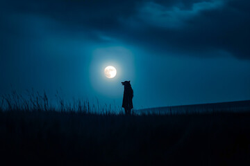 Silhouette of a person in a werewolf mask standing in tall grass under a bright full moon at night. 