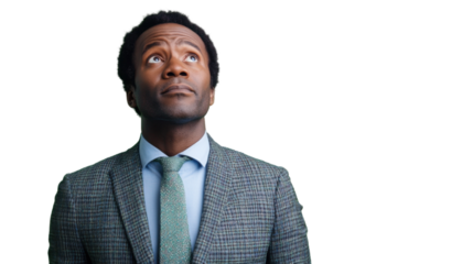 Pensive businessman looking up on transparent background