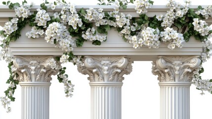 Elegant corinthian columns adorned with white floral garland and greenery