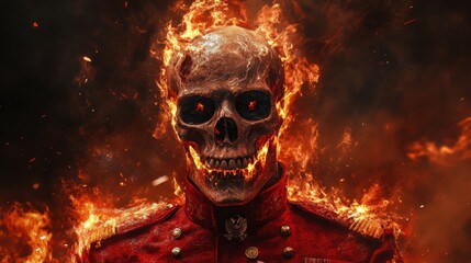 Flaming skeleton in military uniform surrounded by intense fire and embers