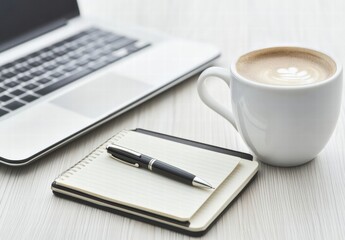 A laptop and a pen are on a table next to a cup of coffee