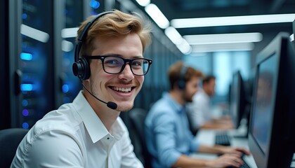 Smiling IT support agent wearing a headset, assisting clients in a modern data center.