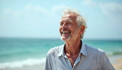 Hombre mayor feliz sonriendo junto al océano