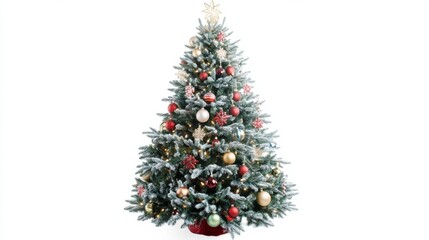Beautifully decorated christmas tree with colorful ornaments and twinkling lights on white background