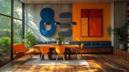 Modern Luxury Living Room with Bold Orange Accents and Natural Light