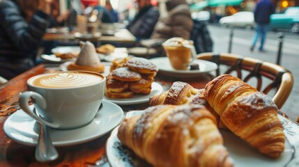 A street cafÃ© in Paris with people enjoying pastries and coffee.