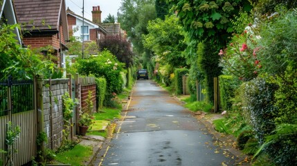 Obraz premium A quiet footpath in a residential neighborhood with cottages.