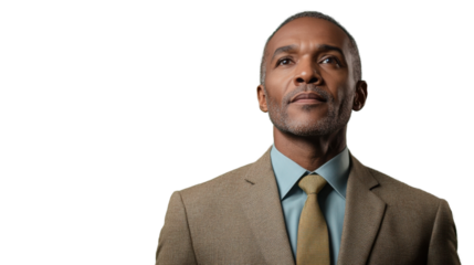 Pensive businessman looking up on transparent background