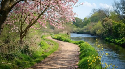Footpath beside a scenic river with flowers blooming in spring.