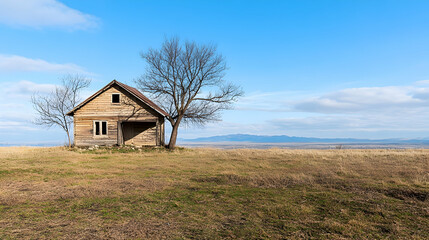Fototapeta premium Abandoned wooden house on hilltop, clear sky, distant mountains, rural landscape, perfect for real estate or travel websites