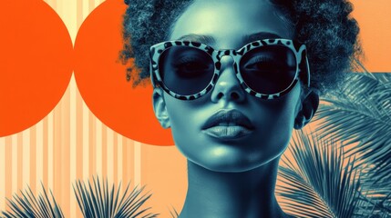 Stylish young woman in sunglasses with tropical background and bold colors