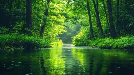 Obraz premium Serene River Flowing Through Lush Green Forest Tranquil Nature Scene Summer Sunlight