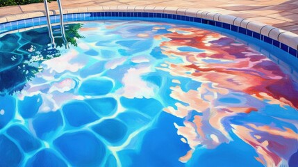 Obraz premium Dynamic patterns of rippled water in a swimming pool, reflecting the vibrant colors of a summer sky.