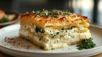Delicious homemade vegetarian lasagna with spinach and ricotta cheese on a white plate