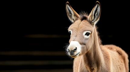 Adorable donkey foal portrait against dark barn background; perfect for children's books, greeting cards, or farm animal themes