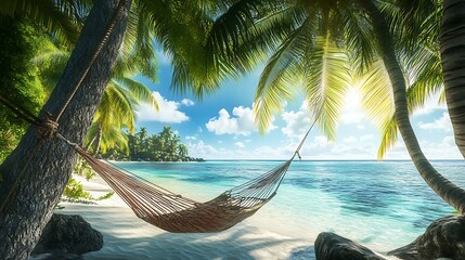 Illustration of a tropical island with a hammock between palm trees.