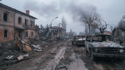 Obraz premium Devastation in a ukrainian town shattered homes, overturned cars, and signs of a broken society