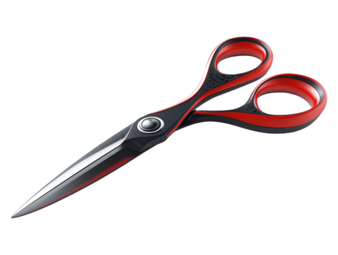 Professional barber scissors with a sharp blade and red handles isolated on transparent background, PNG, cut out - Powered by Adobe