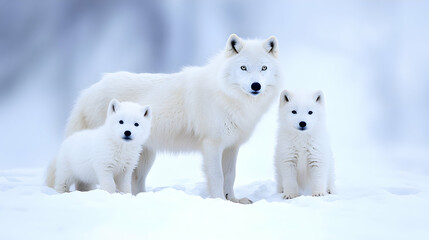 Naklejka premium Arctic wolf family in snowy landscape; winter wildlife; nature conservation