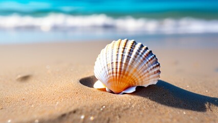 Obraz premium Macro shot of a tiny seashell on the beach, showcasing the intricate spiral pattern, smooth texture, and slight variations in color