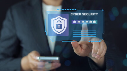 Security in your hand. A hand holds digital shield icon in the center and circuit board with...