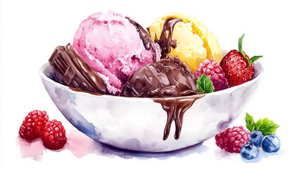 A bowl of ice cream with chocolate and fruit, watercolor illustration on a white background. A delicious, colorful dessert featuring various types of ice cream in different colors and shapes