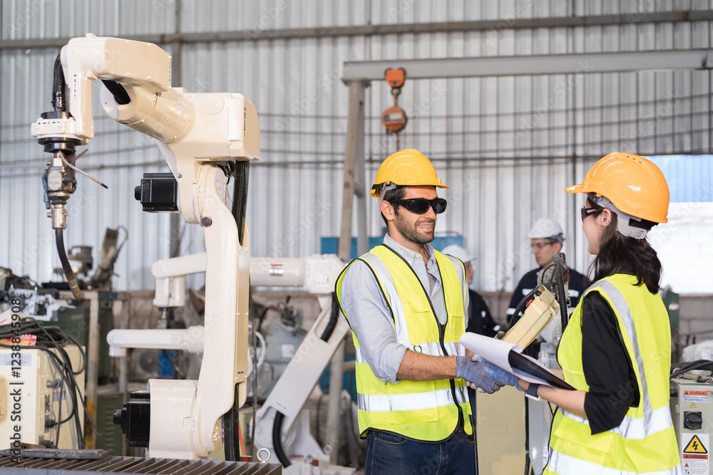 Fototapete Team of professional man and woman engineer working and control automatics robotic arm welding in industry factory. Group of engineer using automatic robotic arm machines for manufacturing industry