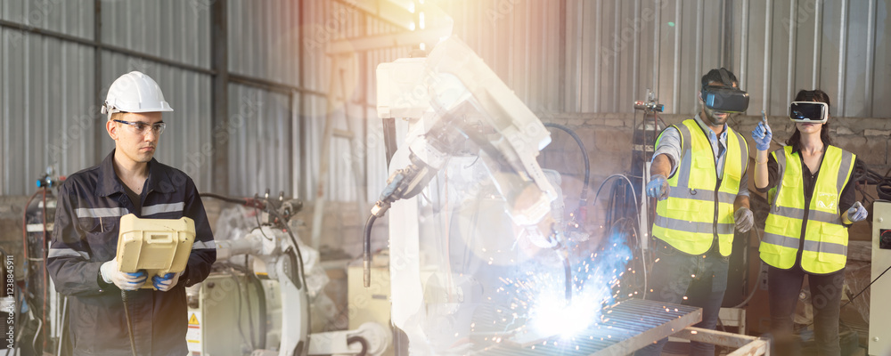 Leinwandbilder team of professional man and woman engineer working and control automatics robotic arm welding in in
