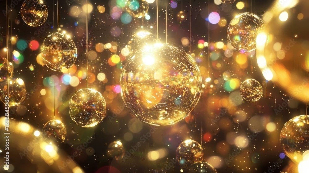 Poster dynamic visualizations of liquid dynamics with sparkling golden orbs